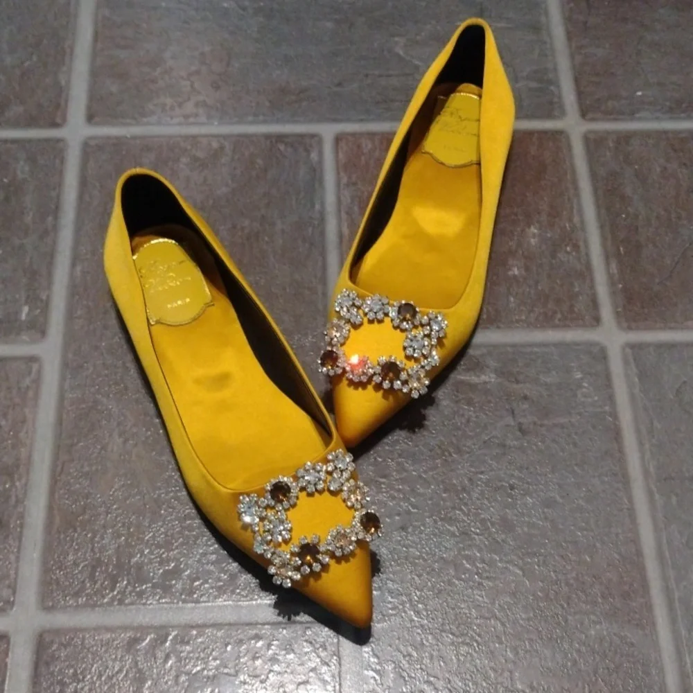 Roger Vivier Flower Strass Crystal embellishment Satin Ginger yellow flat Size35 - Picture 4 of 14